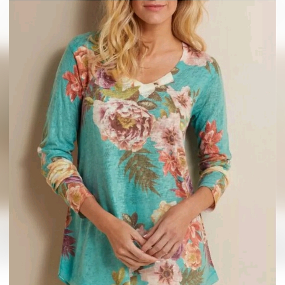 Soft Surroundings Teal Floral Long Tunic Top  V-Neck Size XS Oversized